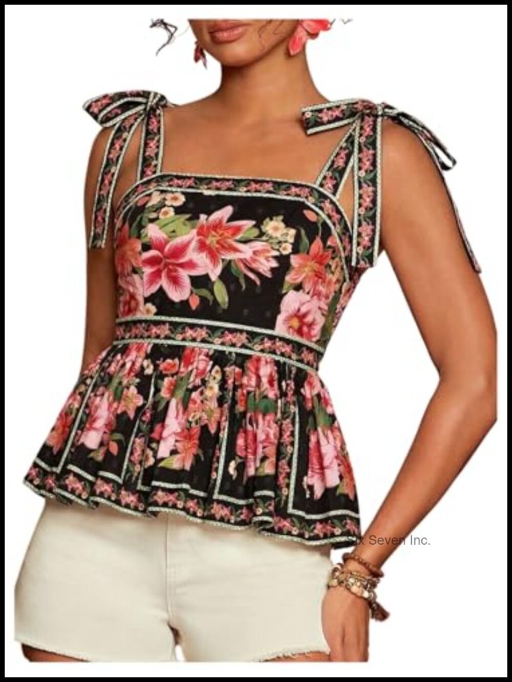 SweatyRocks Boho Floral Smocked Tie Shoulder Peplum Tank Top Ruffle Hem